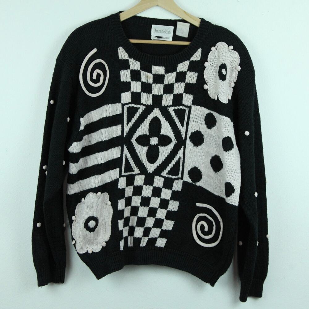 Vintage Large Sweater‎ Pullover Op Art Maximalist Funky Floral Checkerboard 90s